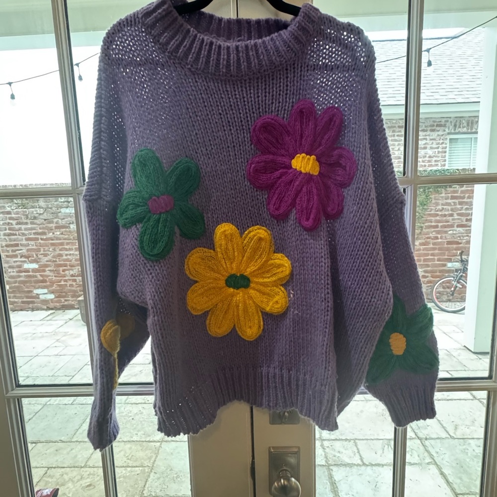 BiBi Purple Sweater with Colorful Floral Accents Mardi Gras